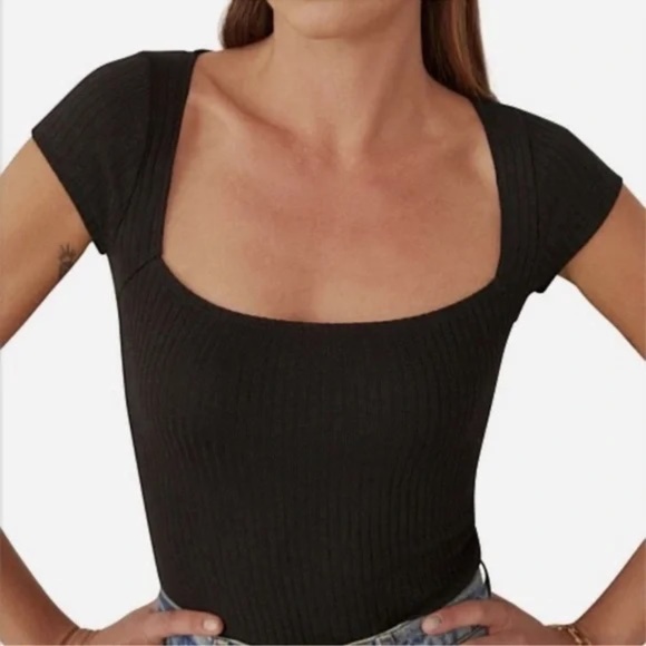Reformation Bardot Ribbed Knit Top in Black - Picture 1 of 6